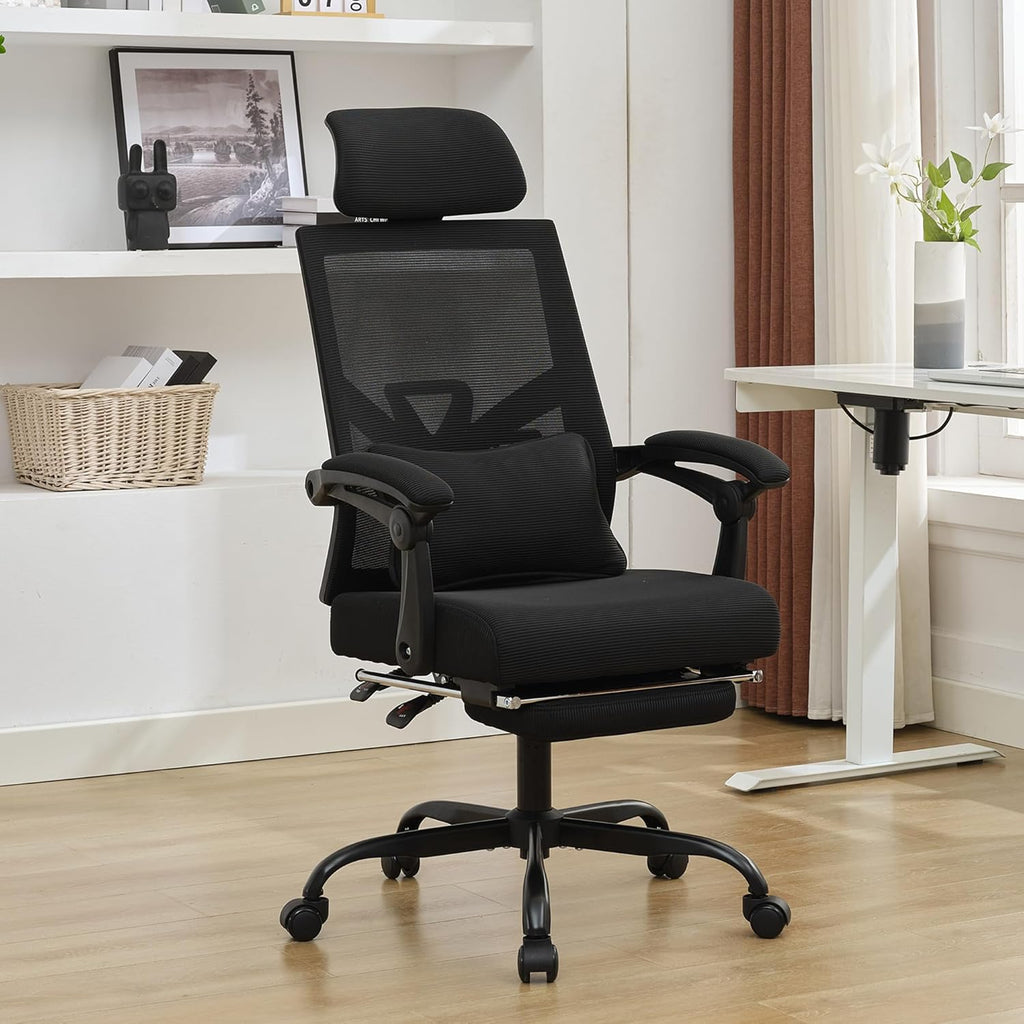 Qulomvs Mesh Ergonomic Office Chair with Footrest Home Office Desk Chair with Headrest and Backrest 90-135 Adjustable Computer Executive Desk Chair with Wheels 360 Swivel Task Chair - Grand Goldman
