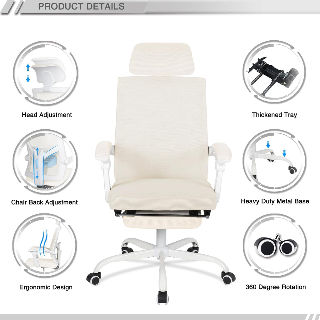 Qulomvs Mesh Ergonomic Office Chair with Footrest Home Office Desk Chair with Headrest and Backrest 90-135 Adjustable Computer Executive Desk Chair with Wheels 360 Swivel Task Chair - Grand Goldman