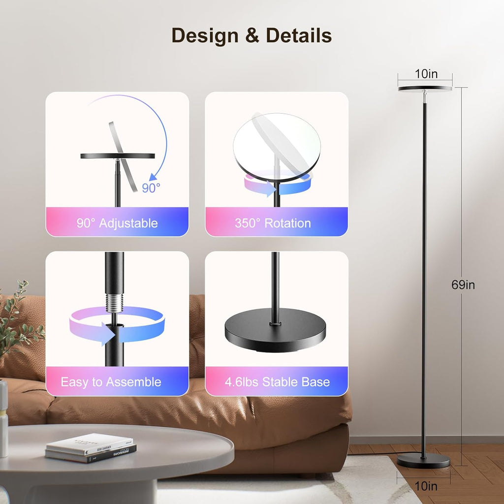 RGB Torchiere Floor Lamps for Living Room, 32W/3200LM Bright LED Standing Lamp with Remote, Modern Color Changing Tall Lamp with Stepless Dimming, 69" Corner Floor Lamp for Bedroom, Office - Grand Goldman