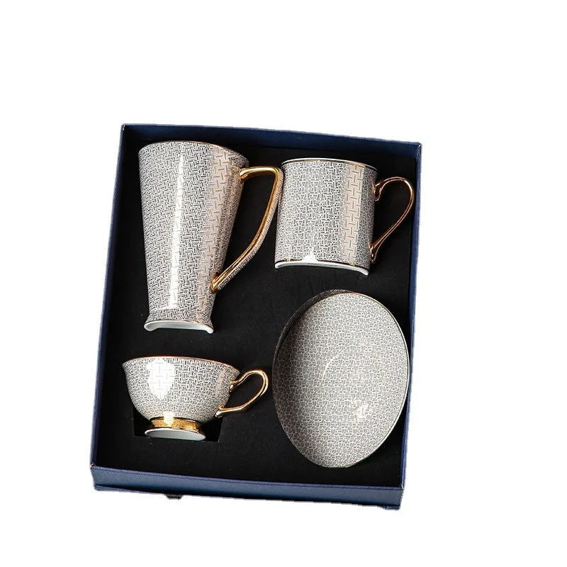 RICHARD'S Elegant European Coffee Set Bone China Cups and Saucers - Luxury White Gold Porcelain with Brown Grid Pattern Perfect Birthday Gift for Couples Birthday Valentines 200-500ml Packaged in Gift Box Mild Retro Royal Style for Tea Lovers - Grand Goldman