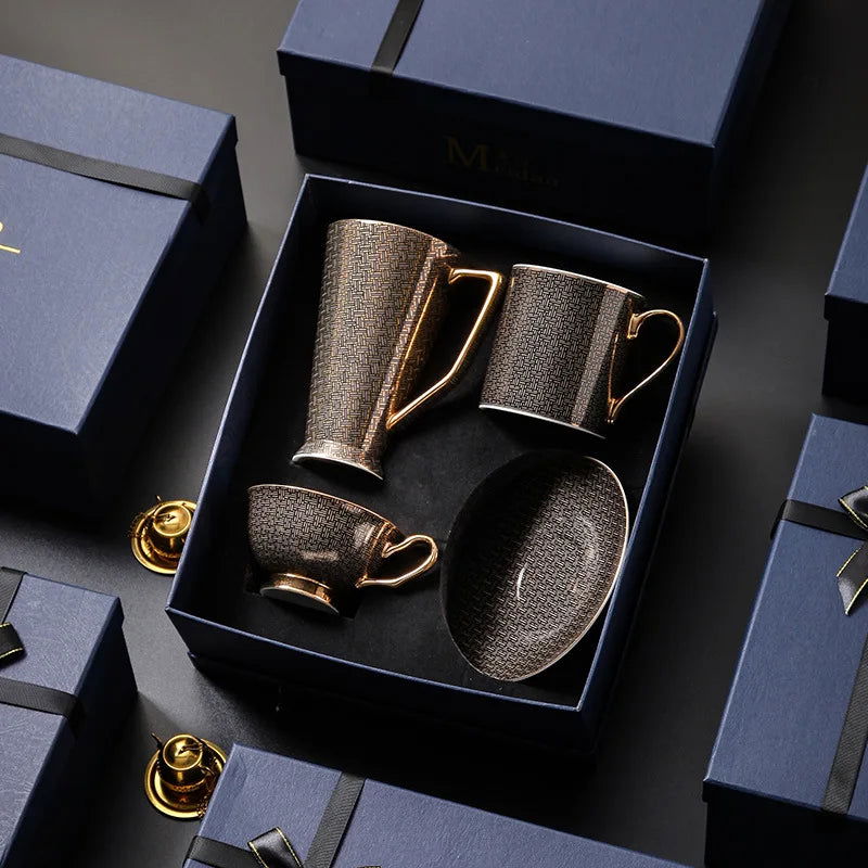 RICHARD'S Elegant European Coffee Set Bone China Cups and Saucers - Luxury White Gold Porcelain with Brown Grid Pattern Perfect Birthday Gift for Couples Birthday Valentines 200-500ml Packaged in Gift Box Mild Retro Royal Style for Tea Lovers - Grand Goldman