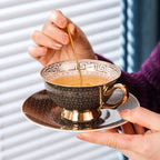 RICHARD'S Elegant European Coffee Set Bone China Cups and Saucers - Luxury White Gold Porcelain with Brown Grid Pattern Perfect Birthday Gift for Couples Birthday Valentines 200-500ml Packaged in Gift Box Mild Retro Royal Style for Tea Lovers - Grand Goldman