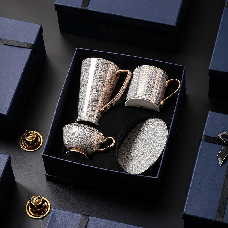 RICHARD'S Elegant European Coffee Set Bone China Cups and Saucers - Luxury White Gold Porcelain with Brown Grid Pattern Perfect Birthday Gift for Couples Birthday Valentines 200-500ml Packaged in Gift Box Mild Retro Royal Style for Tea Lovers - Grand Goldman