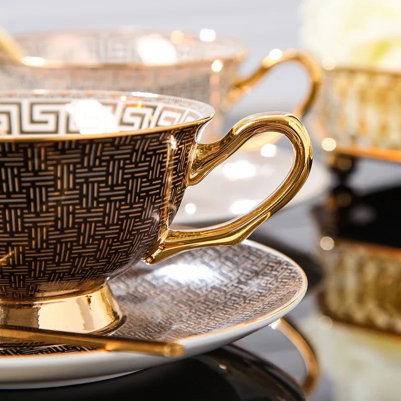 RICHARD'S Elegant European Coffee Set Bone China Cups and Saucers - Luxury White Gold Porcelain with Brown Grid Pattern Perfect Birthday Gift for Couples Birthday Valentines 200-500ml Packaged in Gift Box Mild Retro Royal Style for Tea Lovers - Grand Goldman