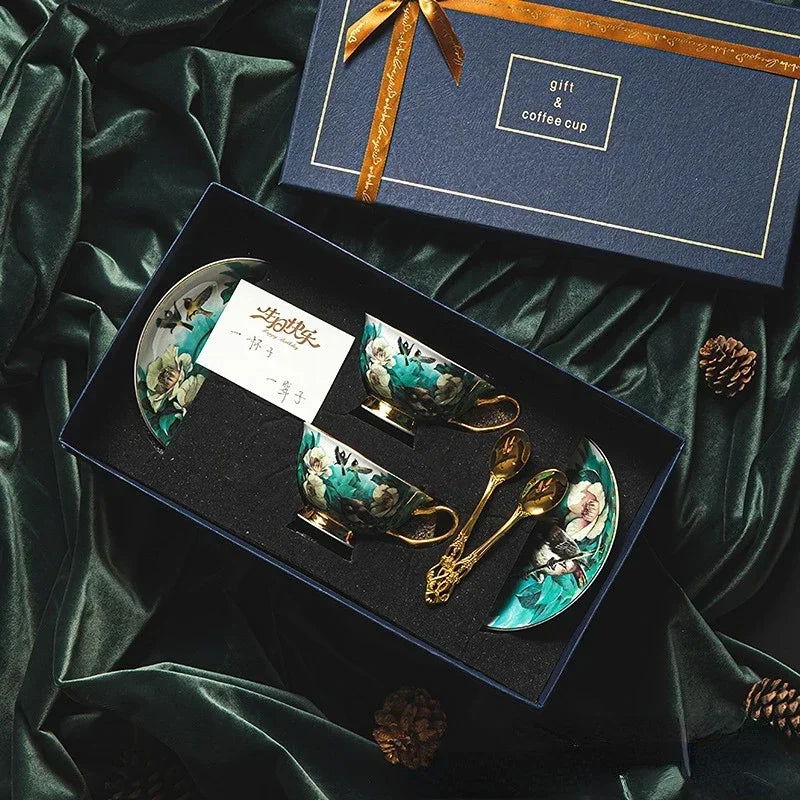 RICHMOND Exquisite European Style Bone China Coffee Cup Set - Luxurious Floral and Bird Motif Design with Gold Accents, Eco-Friendly, Elegant Gift Box, Perfect for Afternoon Tea or Coffee, Includes Decorated Spoon - Grand Goldman