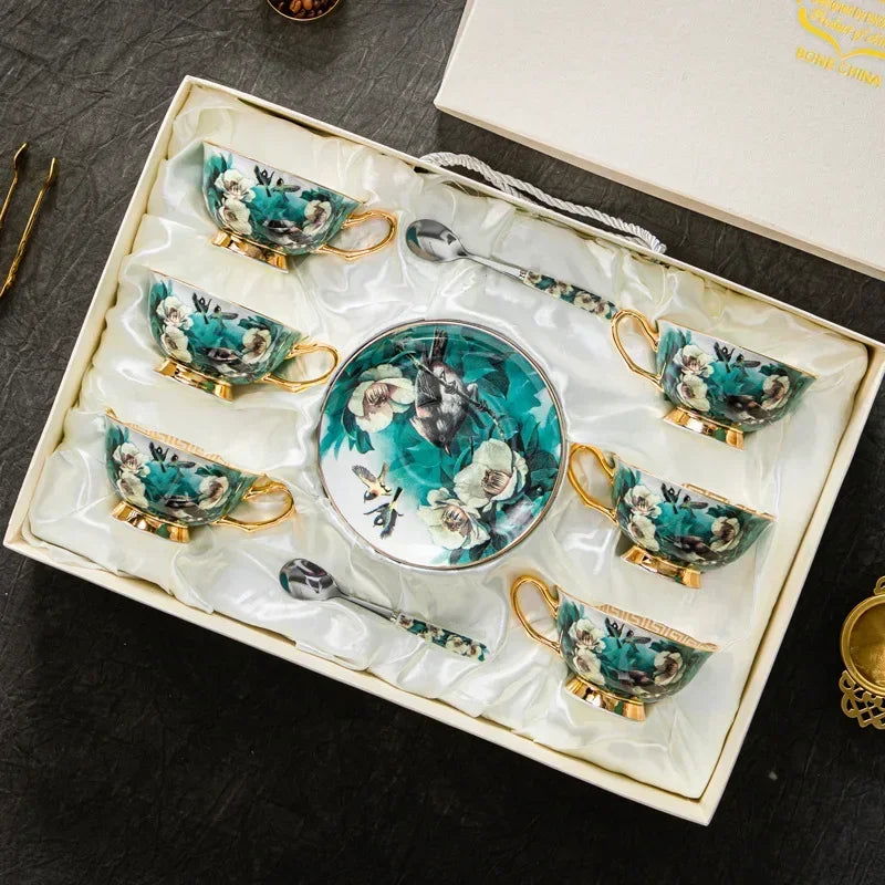RICHMOND Exquisite European Style Bone China Coffee Cup Set - Luxurious Floral and Bird Motif Design with Gold Accents, Eco-Friendly, Elegant Gift Box, Perfect for Afternoon Tea or Coffee, Includes Decorated Spoon - Grand Goldman