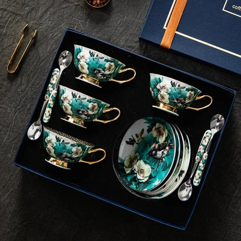RICHMOND Exquisite European Style Bone China Coffee Cup Set - Luxurious Floral and Bird Motif Design with Gold Accents, Eco-Friendly, Elegant Gift Box, Perfect for Afternoon Tea or Coffee, Includes Decorated Spoon - Grand Goldman