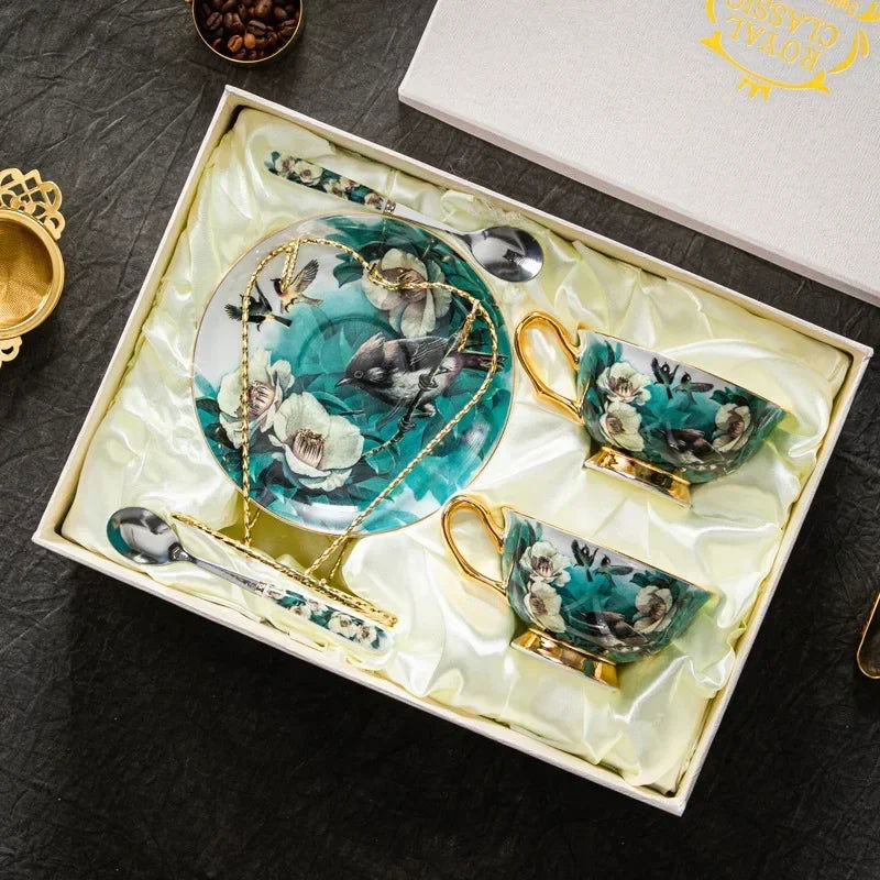 RICHMOND Exquisite European Style Bone China Coffee Cup Set - Luxurious Floral and Bird Motif Design with Gold Accents, Eco-Friendly, Elegant Gift Box, Perfect for Afternoon Tea or Coffee, Includes Decorated Spoon - Grand Goldman