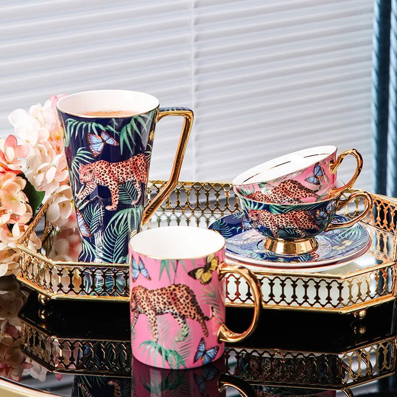RICK MEIDAO Hand-Painted Pink Bone China Mug - Leopard Design, Gold Handles, 200ml Capacity, Ideal Gift for Tea and Coffee - Grand Goldman