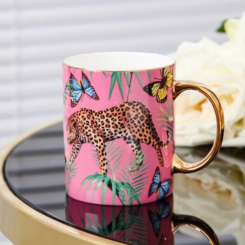 RICK MEIDAO Hand-Painted Pink Bone China Mug - Leopard Design, Gold Handles, 200ml Capacity, Ideal Gift for Tea and Coffee - Grand Goldman
