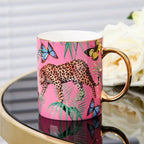 RICK MEIDAO Hand-Painted Pink Bone China Mug - Leopard Design, Gold Handles, 200ml Capacity, Ideal Gift for Tea and Coffee - Grand Goldman