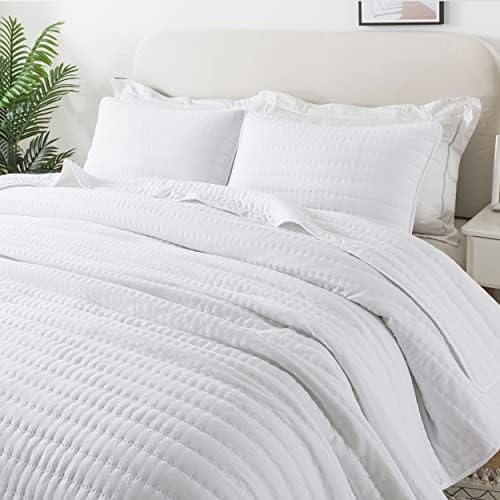 ROARINGWILD White Queen Size Quilt Bedding Sets with Pillow Shams, Full Lightweight Soft Bedspread Coverlet, Quilted Blanket Thin Comforter Bed Cover for All Season, 3 Pieces, 90x90 inches - Grand Goldman