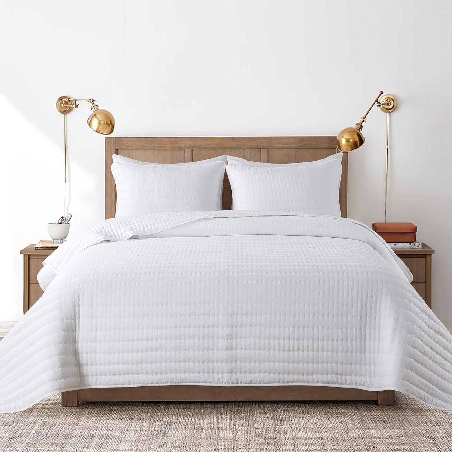 ROARINGWILD White Queen Size Quilt Bedding Sets with Pillow Shams, Full Lightweight Soft Bedspread Coverlet, Quilted Blanket Thin Comforter Bed Cover for All Season, 3 Pieces, 90x90 inches - Grand Goldman