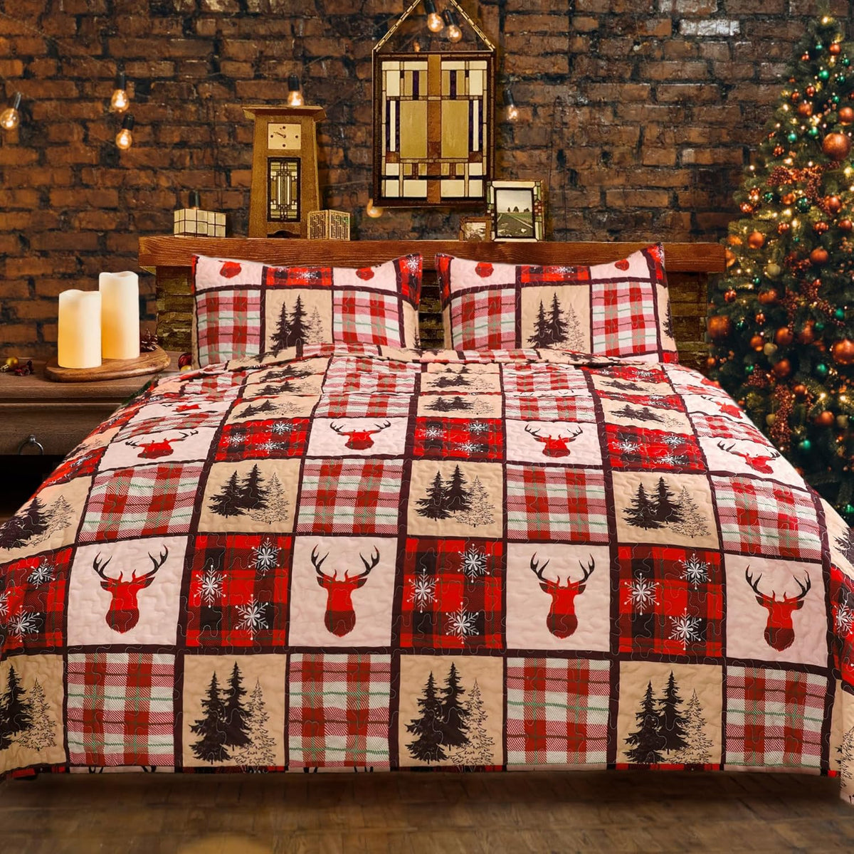 ROMROL Christmas Quilt Set Queen Size, Red Christmas Bedding Set Christmas Comforter Set Lightweight Patchwork Elks Christmas Trees Quilted Coverlet Bedspread with 2 Pillow Shams（90 * 96”） - Grand Goldman