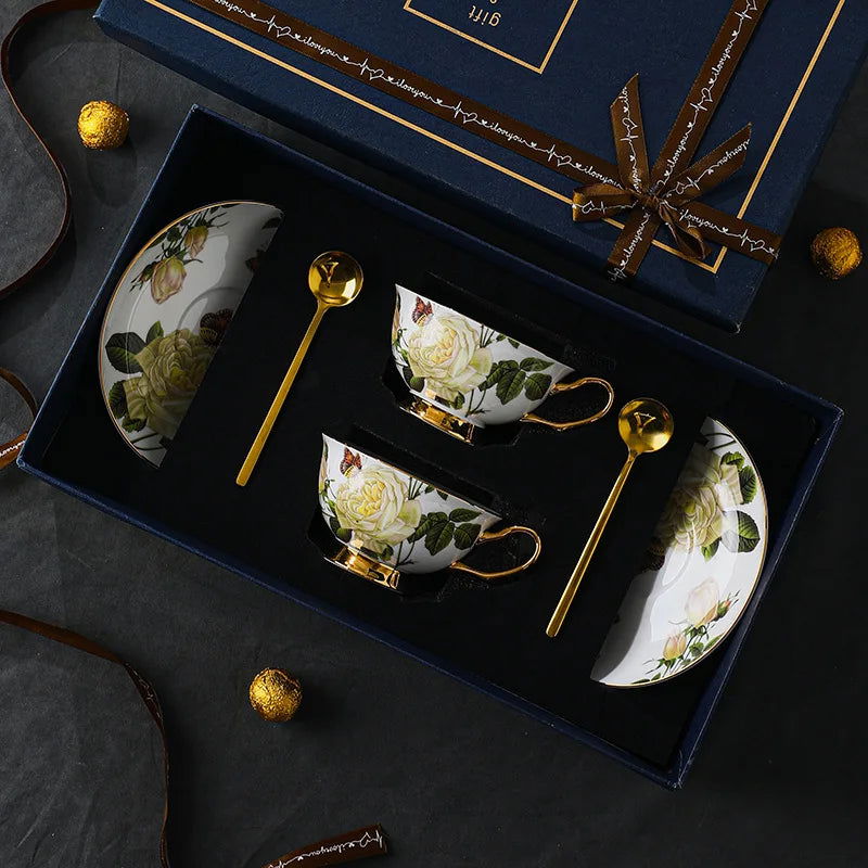 ROSENFELD Elegant European Scented Tea Cup Set Bone China Vintage Floral Pattern White and Gold 220ml Gift-Boxed, Perfect for Afternoon Tea Office Home Cafe House Mild Luxury Retro Style First-Class Quality - Grand Goldman