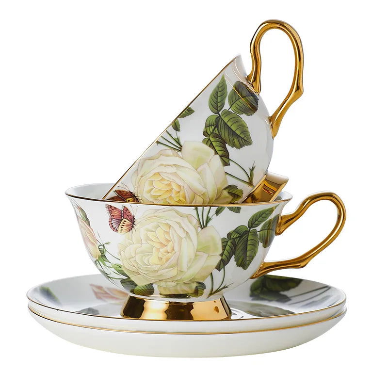 ROSENFELD Elegant European Scented Tea Cup Set Bone China Vintage Floral Pattern White and Gold 220ml Gift-Boxed, Perfect for Afternoon Tea Office Home Cafe House Mild Luxury Retro Style First-Class Quality - Grand Goldman