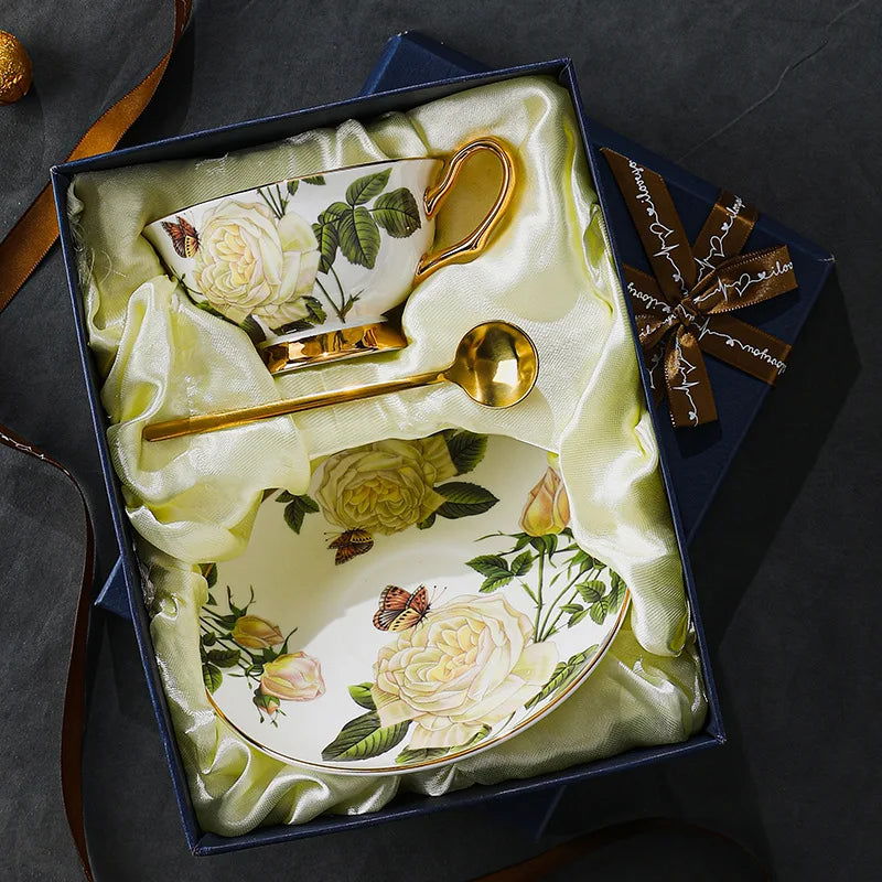 ROSENFELD Elegant European Scented Tea Cup Set Bone China Vintage Floral Pattern White and Gold 220ml Gift-Boxed, Perfect for Afternoon Tea Office Home Cafe House Mild Luxury Retro Style First-Class Quality - Grand Goldman
