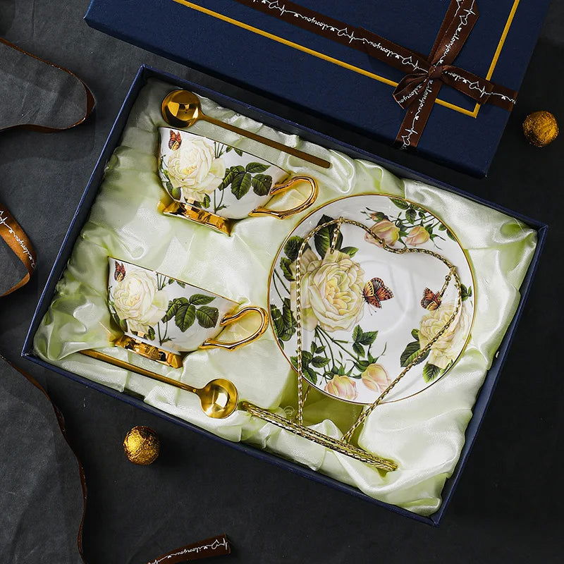 ROSENFELD Elegant European Scented Tea Cup Set Bone China Vintage Floral Pattern White and Gold 220ml Gift-Boxed, Perfect for Afternoon Tea Office Home Cafe House Mild Luxury Retro Style First-Class Quality - Grand Goldman