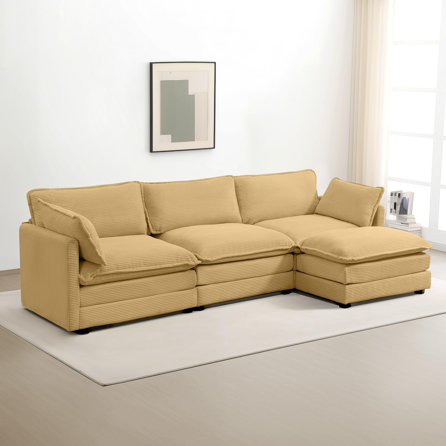 ROWHY Oversized Modular Sectional Sofa with Movable Ottoman, 112 Inch 4 Seat Modern Corduroy Sofa Set, Convertible L Shaped Couch for Living Room and Office, Beige - Grand Goldman