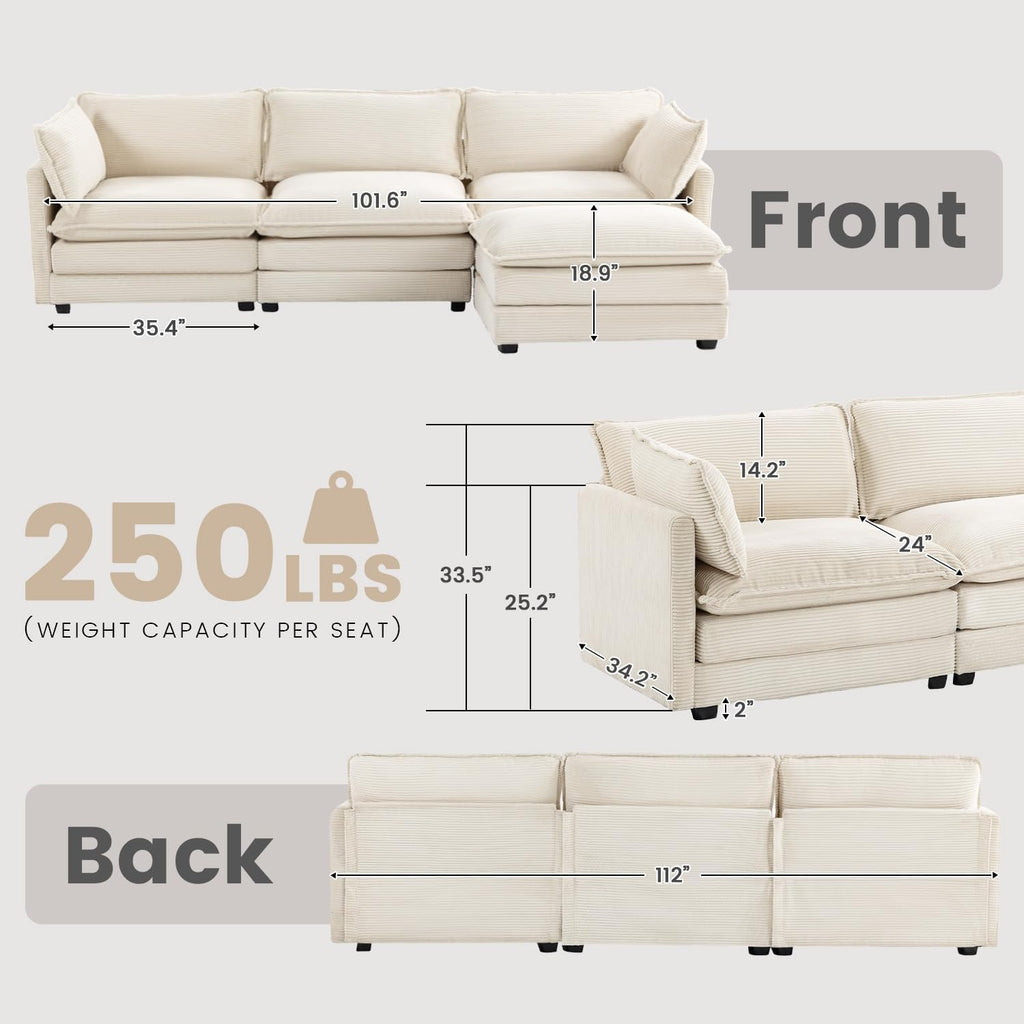 ROWHY Oversized Modular Sectional Sofa with Movable Ottoman, 112 Inch 4 Seat Modern Corduroy Sofa Set, Convertible L Shaped Couch for Living Room and Office, Beige - Grand Goldman