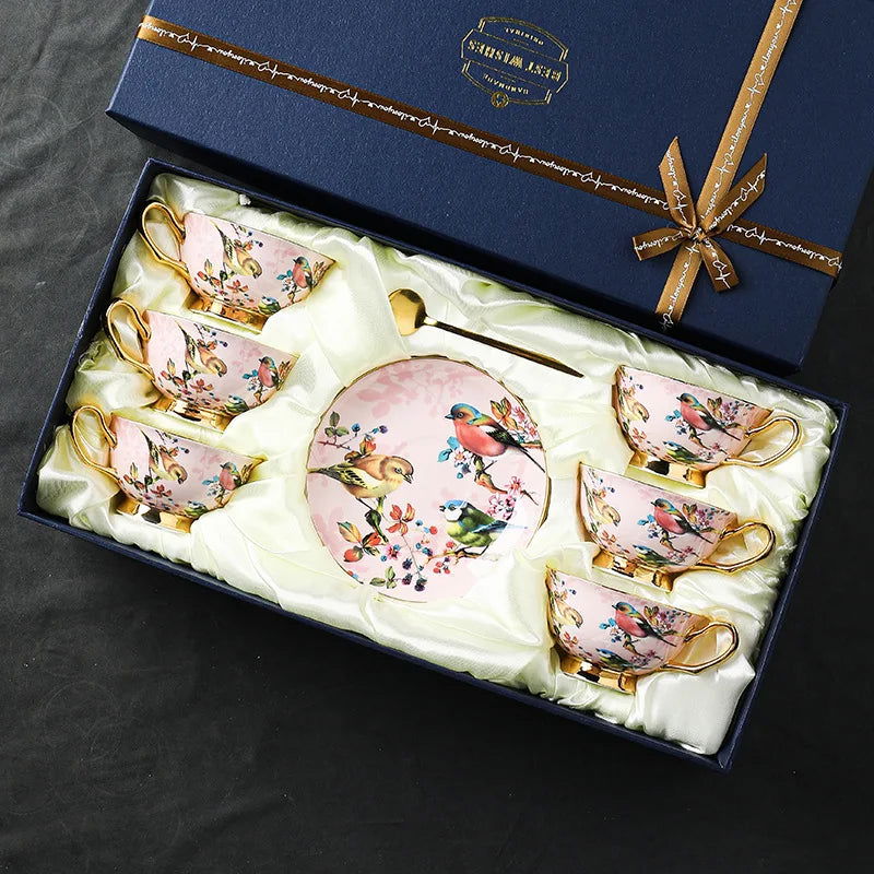 ROYAL BIRDS Elegant European Bone China Coffee Cup Set with Hand-Painted Bird Motifs Light Pink and Gold Ideal for Afternoon Tea High-End Birthday Gift Office Home Use Includes Saucers and Golden Spoons in Premium Gift Box - Grand Goldman