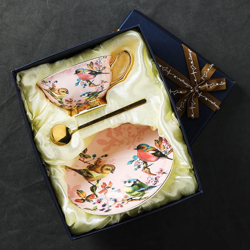 ROYAL BIRDS Elegant European Bone China Coffee Cup Set with Hand-Painted Bird Motifs Light Pink and Gold Ideal for Afternoon Tea High-End Birthday Gift Office Home Use Includes Saucers and Golden Spoons in Premium Gift Box - Grand Goldman
