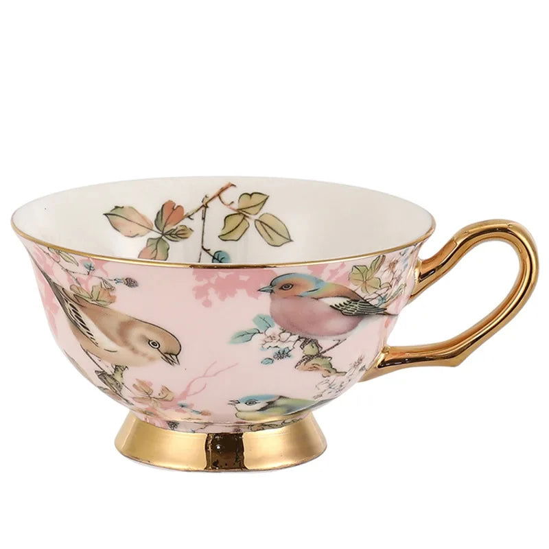 ROYAL BIRDS Elegant European Bone China Coffee Cup Set with Hand-Painted Bird Motifs Light Pink and Gold Ideal for Afternoon Tea High-End Birthday Gift Office Home Use Includes Saucers and Golden Spoons in Premium Gift Box - Grand Goldman