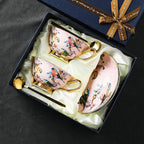 ROYAL BIRDS Elegant European Bone China Coffee Cup Set with Hand-Painted Bird Motifs Light Pink and Gold Ideal for Afternoon Tea High-End Birthday Gift Office Home Use Includes Saucers and Golden Spoons in Premium Gift Box - Grand Goldman