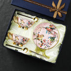 ROYAL BIRDS Elegant European Bone China Coffee Cup Set with Hand-Painted Bird Motifs Light Pink and Gold Ideal for Afternoon Tea High-End Birthday Gift Office Home Use Includes Saucers and Golden Spoons in Premium Gift Box - Grand Goldman