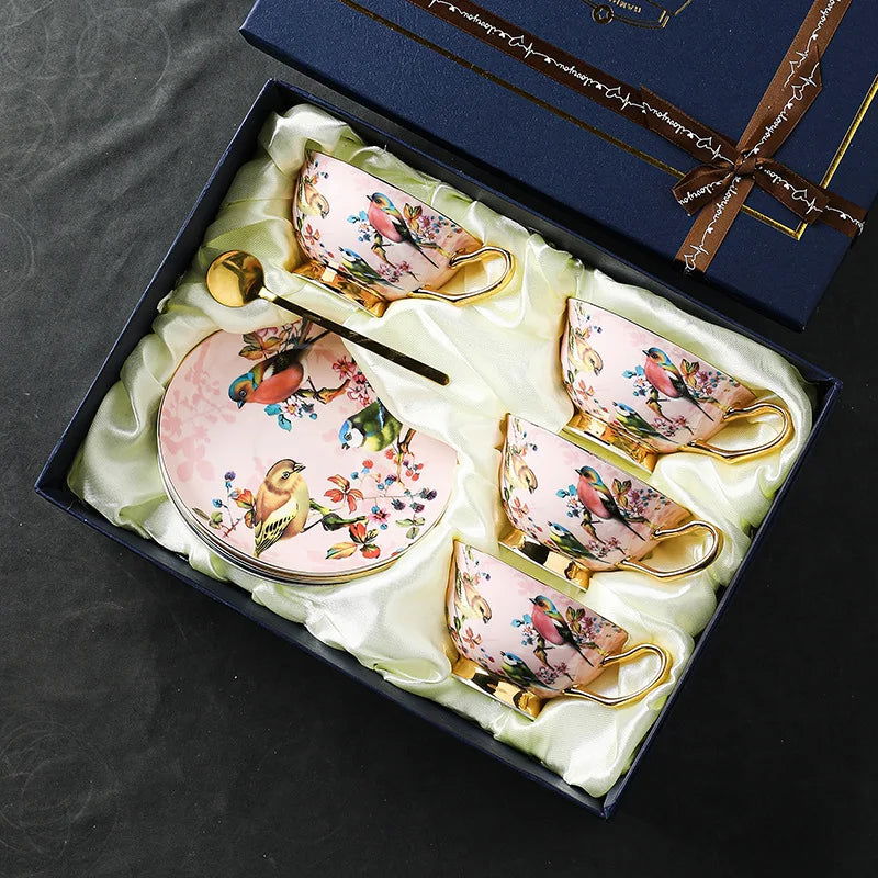 ROYAL BIRDS Elegant European Bone China Coffee Cup Set with Hand-Painted Bird Motifs Light Pink and Gold Ideal for Afternoon Tea High-End Birthday Gift Office Home Use Includes Saucers and Golden Spoons in Premium Gift Box - Grand Goldman