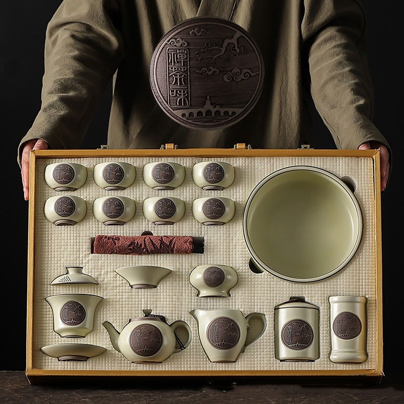 RUMI Household Deluxe Porcelain Ceramic Teapot Set Full Master Package 11 Pieces Elegant Hand-Embroidered Case New Chinese Style Royal Yellow Sky Blue Perfect Gift Tea Lovers Japanese Oriental Culture - Grand Goldman