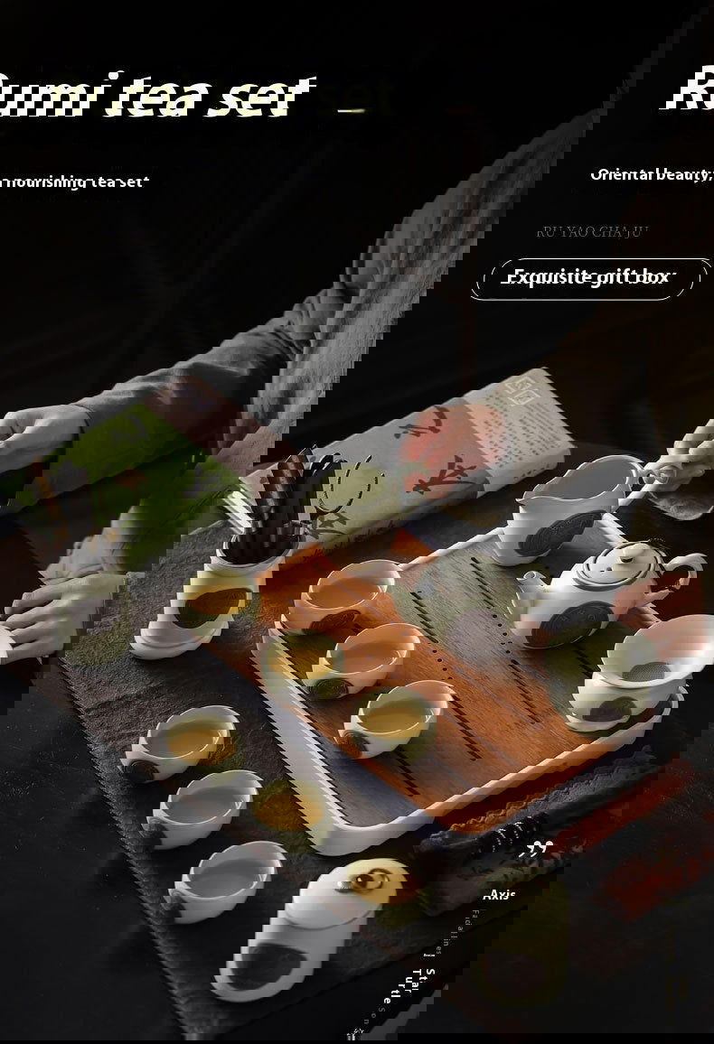 RUMI Household Deluxe Porcelain Ceramic Teapot Set Full Master Package 11 Pieces Elegant Hand-Embroidered Case New Chinese Style Royal Yellow Sky Blue Perfect Gift Tea Lovers Japanese Oriental Culture - Grand Goldman