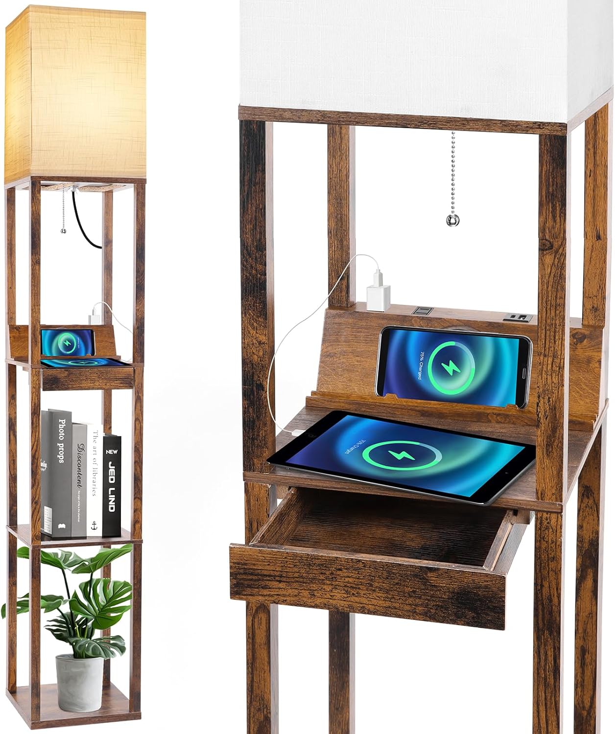 RUNTOP Floor Lamp with Shelves, Modern Shelf Lamp for Display Storage, 3 Color Temperature Wood Narrow Standing Corner Lamp with 8W Bulb for Living Room Decor, Bedroom, Office, Home Decor(Brown) - Grand Goldman