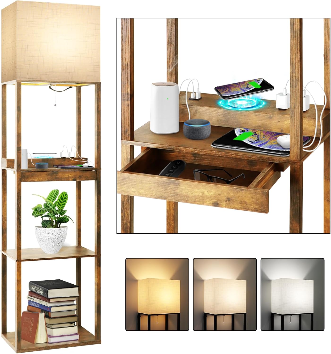 RUNTOP Floor Lamp with Shelves, Modern Shelf Lamp for Display Storage, 3 Color Temperature Wood Narrow Standing Corner Lamp with 8W Bulb for Living Room Decor, Bedroom, Office, Home Decor(Brown) - Grand Goldman