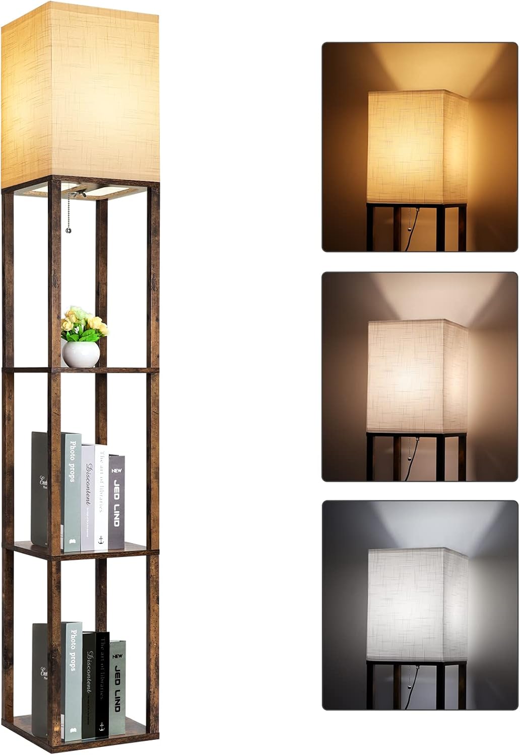 RUNTOP Floor Lamp with Shelves, Modern Shelf Lamp for Display Storage, 3 Color Temperature Wood Narrow Standing Corner Lamp with 8W Bulb for Living Room Decor, Bedroom, Office, Home Decor(Brown) - Grand Goldman