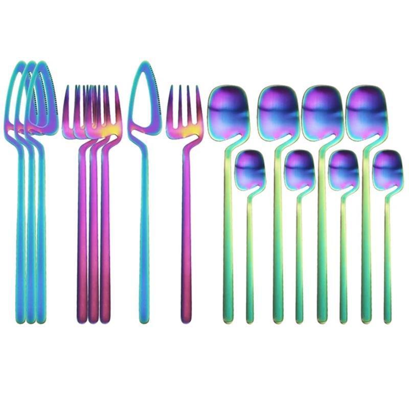 Rainbow Dinnerware Set Spoon Fork Knife Table Decor Cutlery Sets Kitchen Matte Gold tableware Set Desserts Soup Coffee Use - Grand Goldman