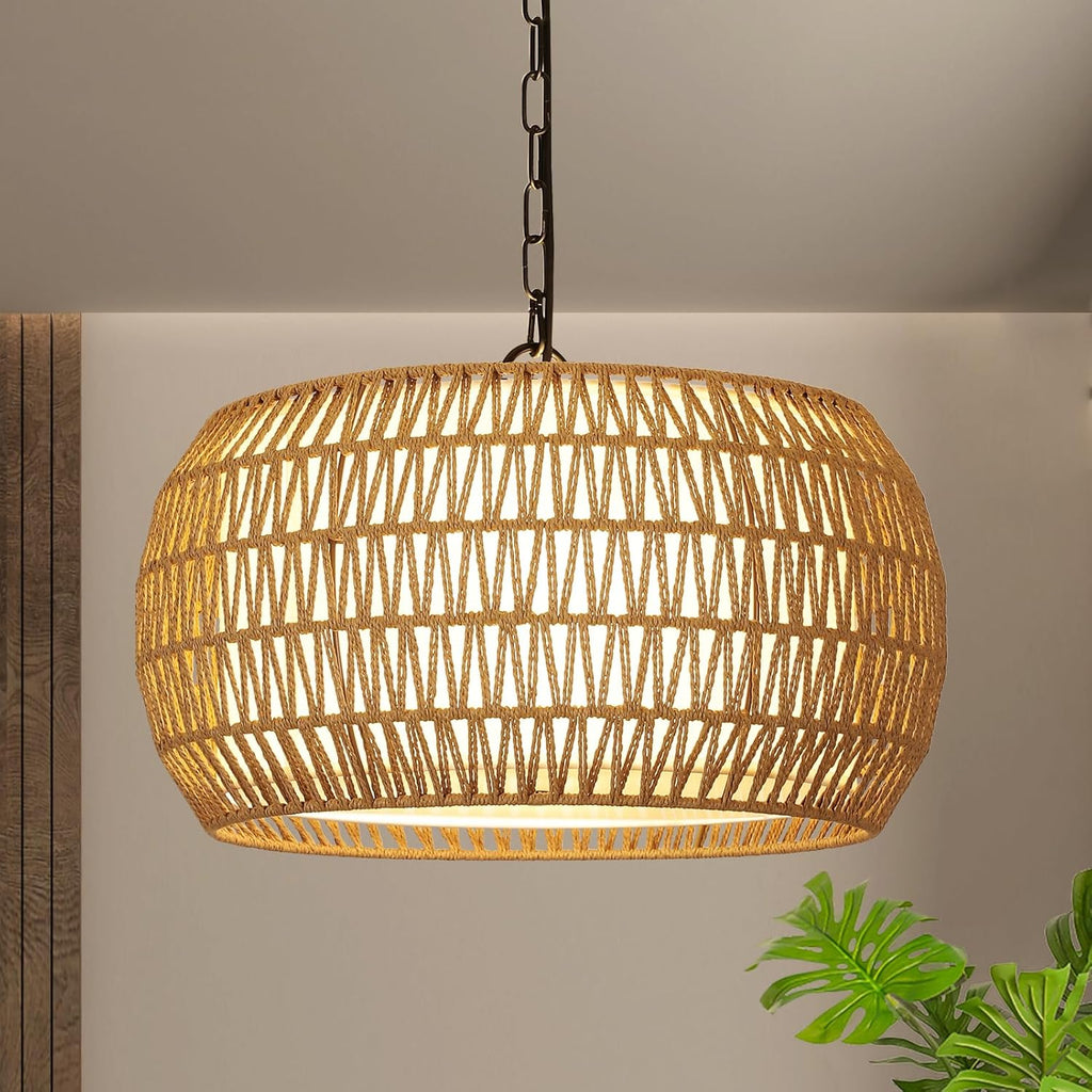 Rattan Farmhouse Chandelier Light Fixtures, 5-Lights Boho Large Pendant Light,Hand Woven Chandeliers for Dining Room with Fabric Shade,Rustic Chandeliers Hanging Light Fixtures for Kitchen Island - Grand Goldman