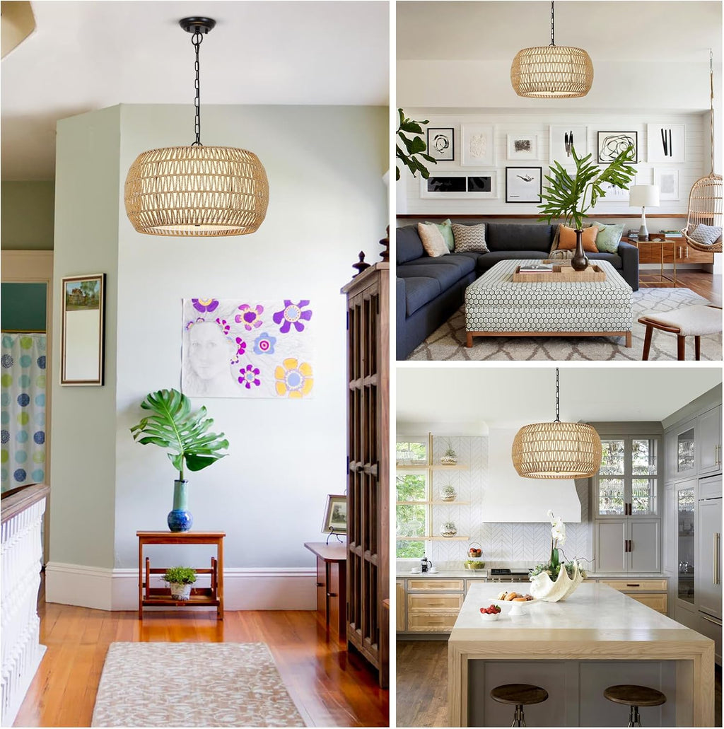 Rattan Farmhouse Chandelier Light Fixtures, 5-Lights Boho Large Pendant Light,Hand Woven Chandeliers for Dining Room with Fabric Shade,Rustic Chandeliers Hanging Light Fixtures for Kitchen Island - Grand Goldman