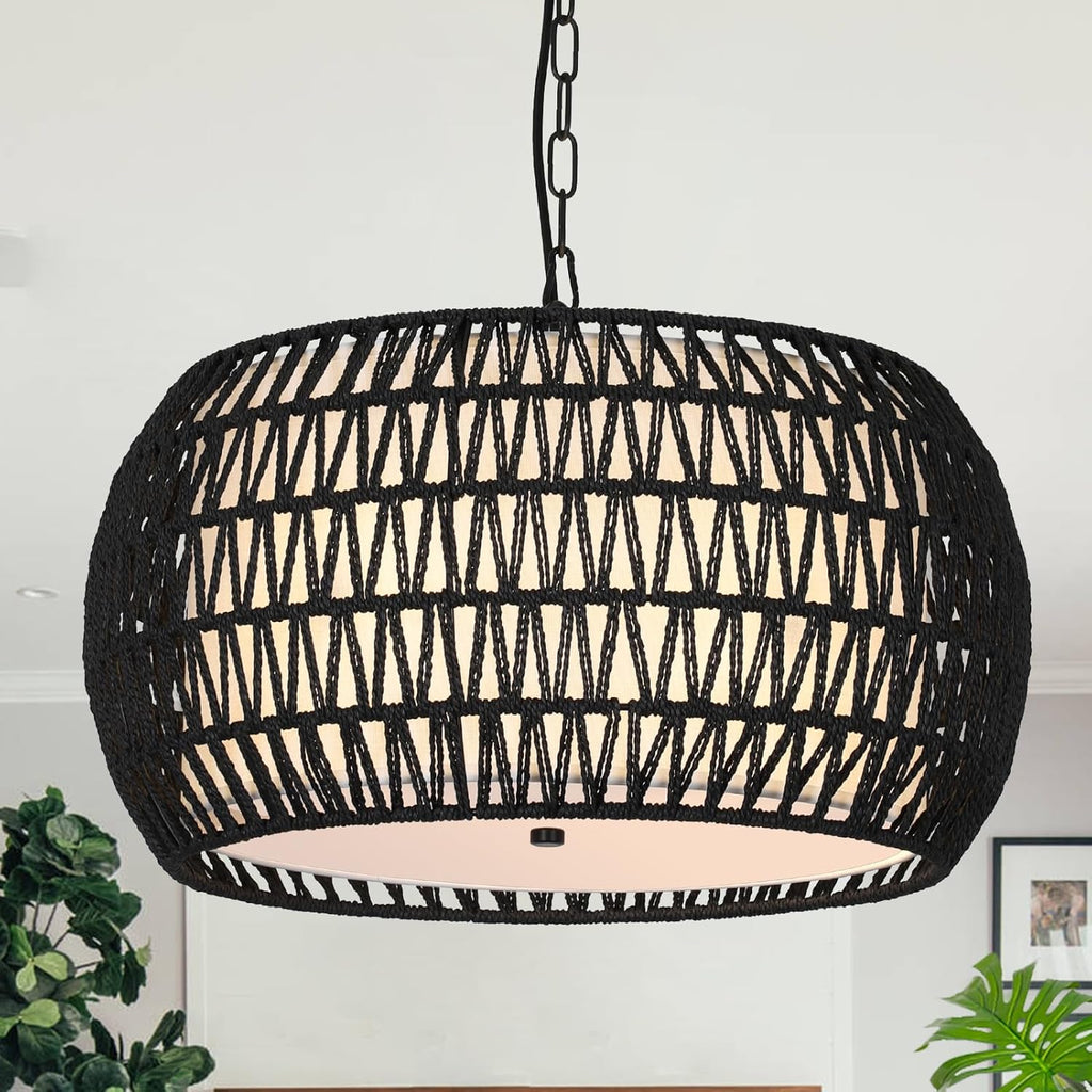 Rattan Farmhouse Chandelier Light Fixtures, 5-Lights Boho Large Pendant Light,Hand Woven Chandeliers for Dining Room with Fabric Shade,Rustic Chandeliers Hanging Light Fixtures for Kitchen Island - Grand Goldman