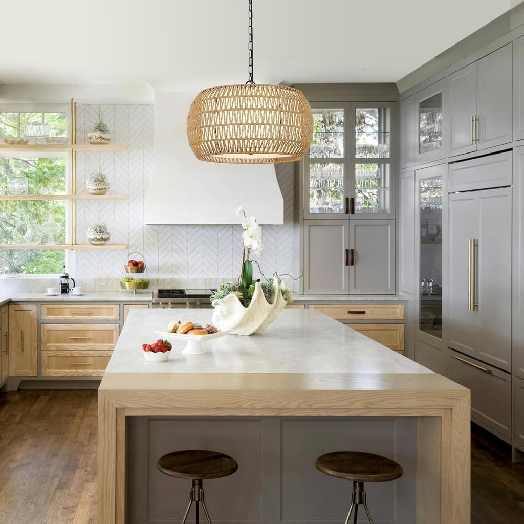 Rattan Farmhouse Chandelier Light Fixtures, 5-Lights Boho Large Pendant Light,Hand Woven Chandeliers for Dining Room with Fabric Shade,Rustic Chandeliers Hanging Light Fixtures for Kitchen Island - Grand Goldman