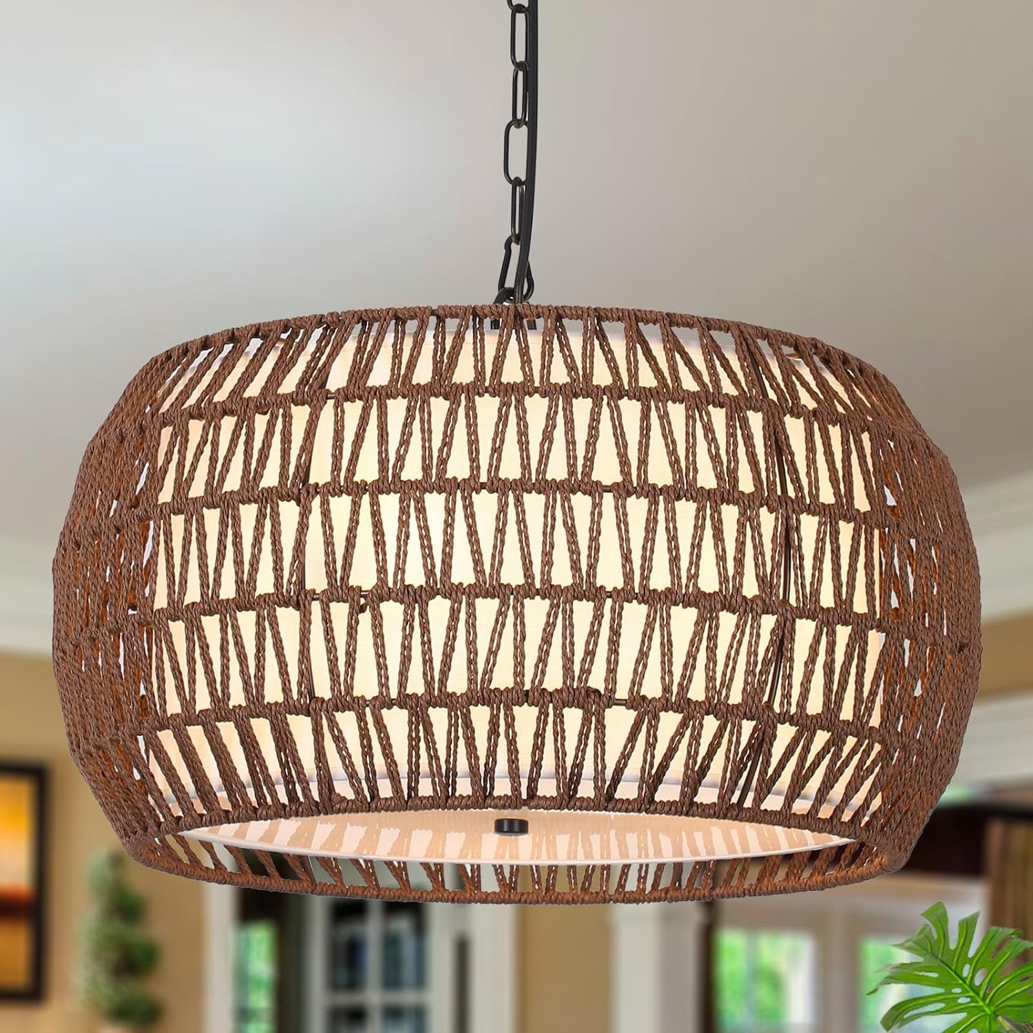 Rattan Farmhouse Chandelier Light Fixtures, 5-Lights Boho Large Pendant Light,Hand Woven Chandeliers for Dining Room with Fabric Shade,Rustic Chandeliers Hanging Light Fixtures for Kitchen Island - Grand Goldman