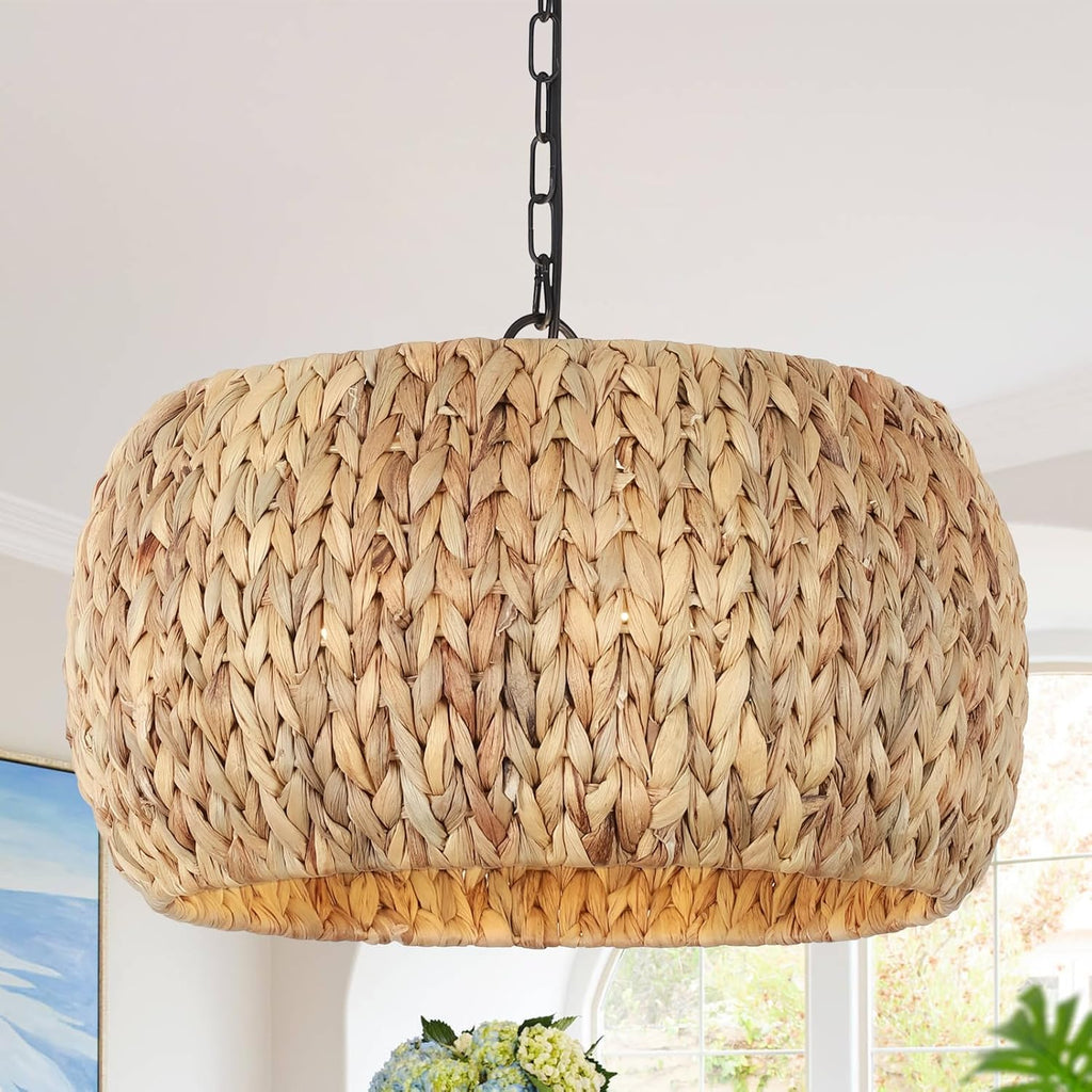 Rattan Farmhouse Chandelier Light Fixtures, 5-Lights Boho Large Pendant Light,Hand Woven Chandeliers for Dining Room with Fabric Shade,Rustic Chandeliers Hanging Light Fixtures for Kitchen Island - Grand Goldman