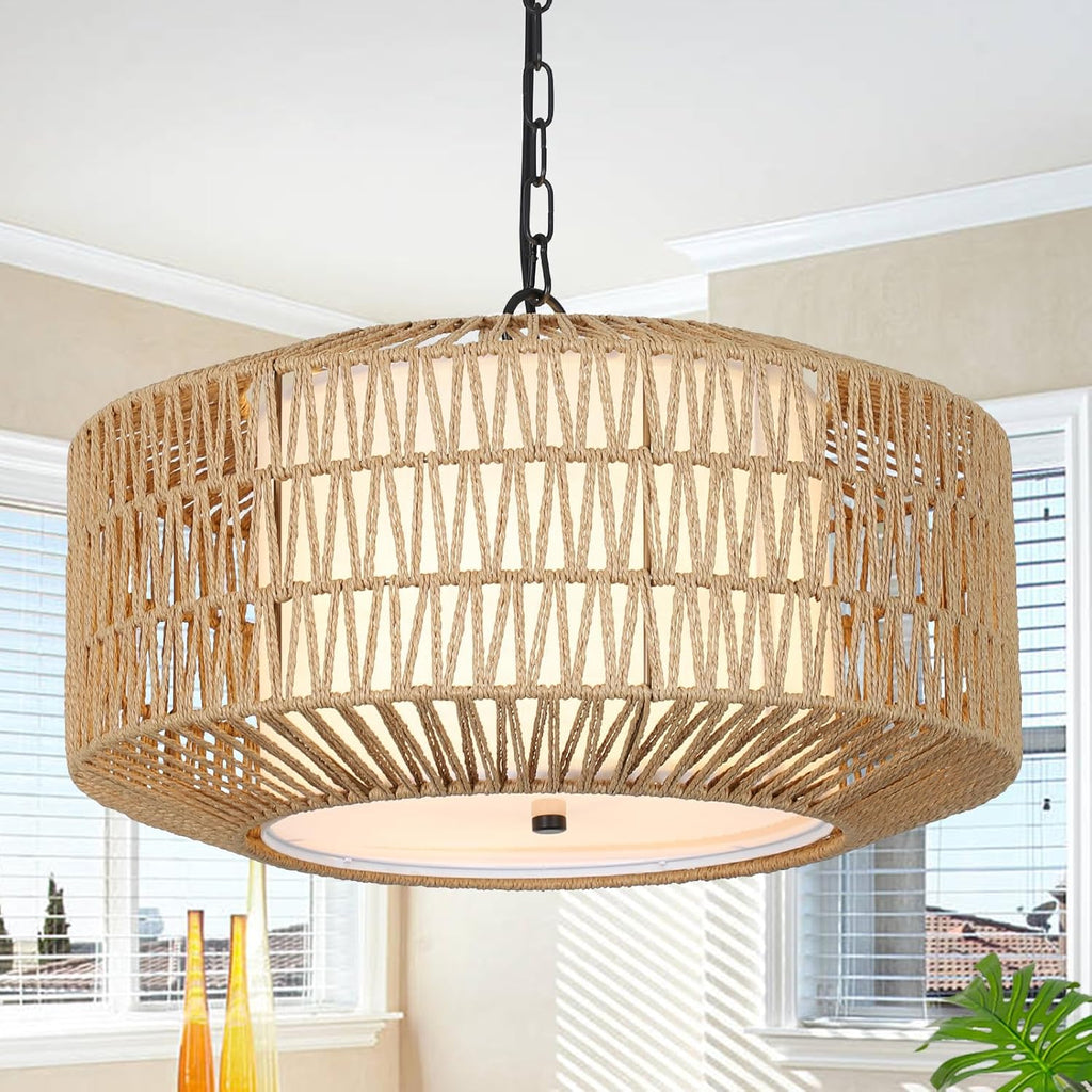 Rattan Farmhouse Chandelier Light Fixtures, 5-Lights Boho Large Pendant Light,Hand Woven Chandeliers for Dining Room with Fabric Shade,Rustic Chandeliers Hanging Light Fixtures for Kitchen Island - Grand Goldman