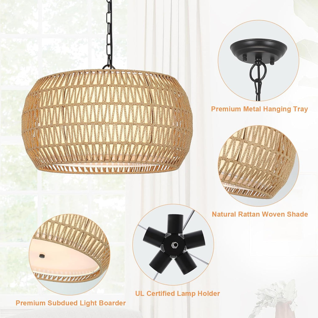 Rattan Farmhouse Chandelier Light Fixtures, 5-Lights Boho Large Pendant Light,Hand Woven Chandeliers for Dining Room with Fabric Shade,Rustic Chandeliers Hanging Light Fixtures for Kitchen Island - Grand Goldman