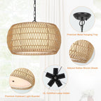 Rattan Farmhouse Chandelier Light Fixtures, 5-Lights Boho Large Pendant Light,Hand Woven Chandeliers for Dining Room with Fabric Shade,Rustic Chandeliers Hanging Light Fixtures for Kitchen Island - Grand Goldman