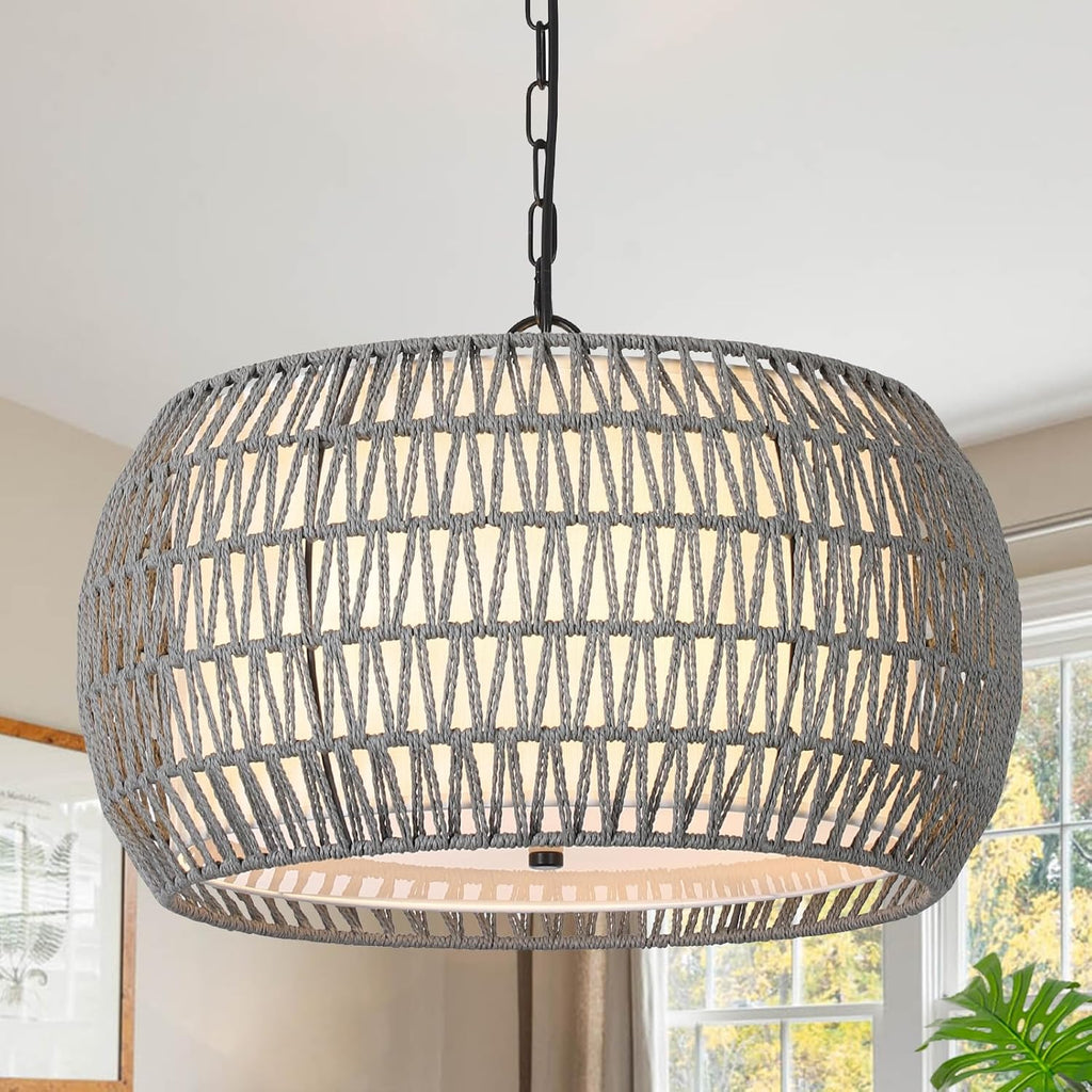 Rattan Farmhouse Chandelier Light Fixtures, 5-Lights Boho Large Pendant Light,Hand Woven Chandeliers for Dining Room with Fabric Shade,Rustic Chandeliers Hanging Light Fixtures for Kitchen Island - Grand Goldman