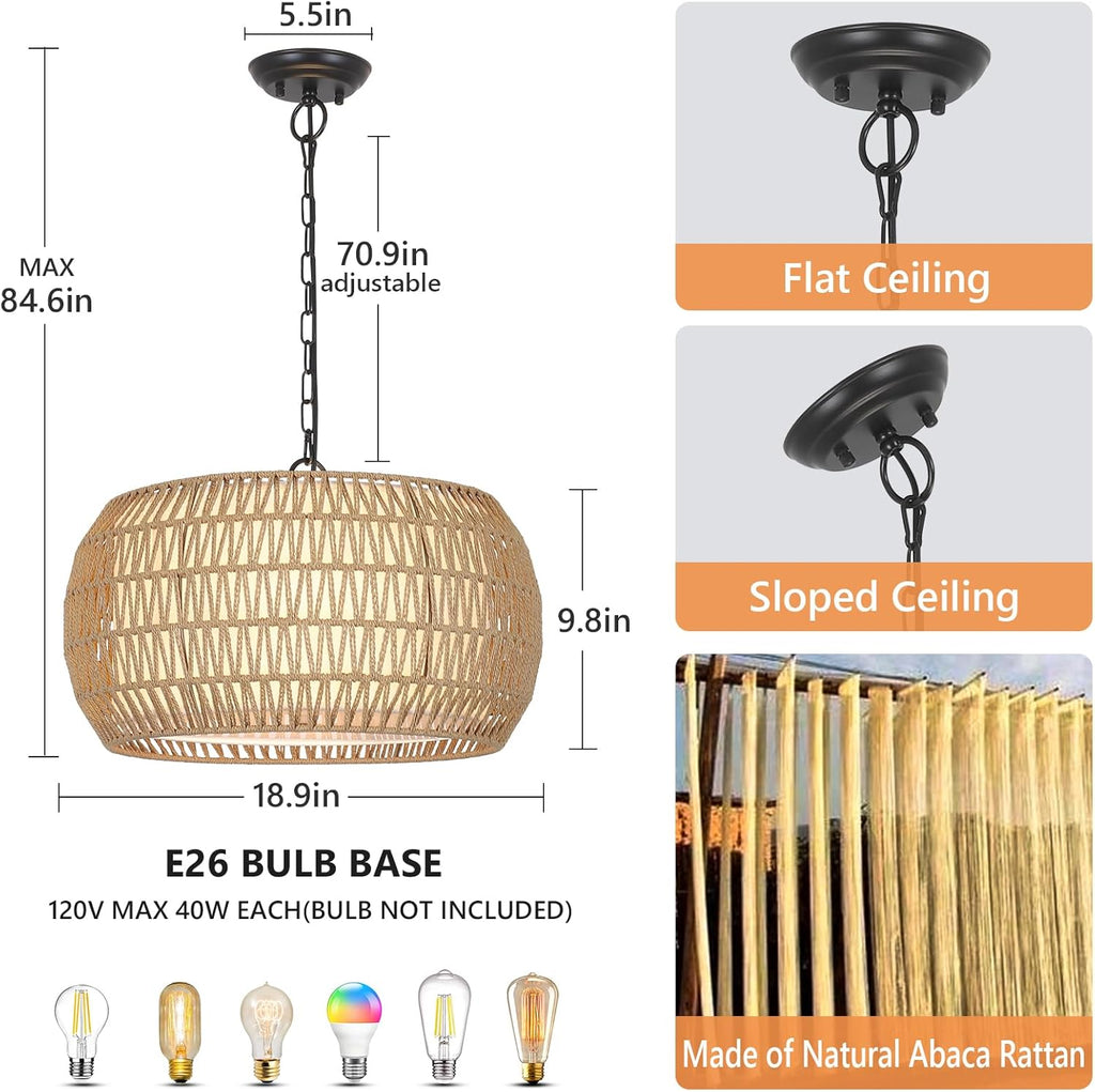 Rattan Farmhouse Chandelier Light Fixtures, 5-Lights Boho Large Pendant Light,Hand Woven Chandeliers for Dining Room with Fabric Shade,Rustic Chandeliers Hanging Light Fixtures for Kitchen Island - Grand Goldman