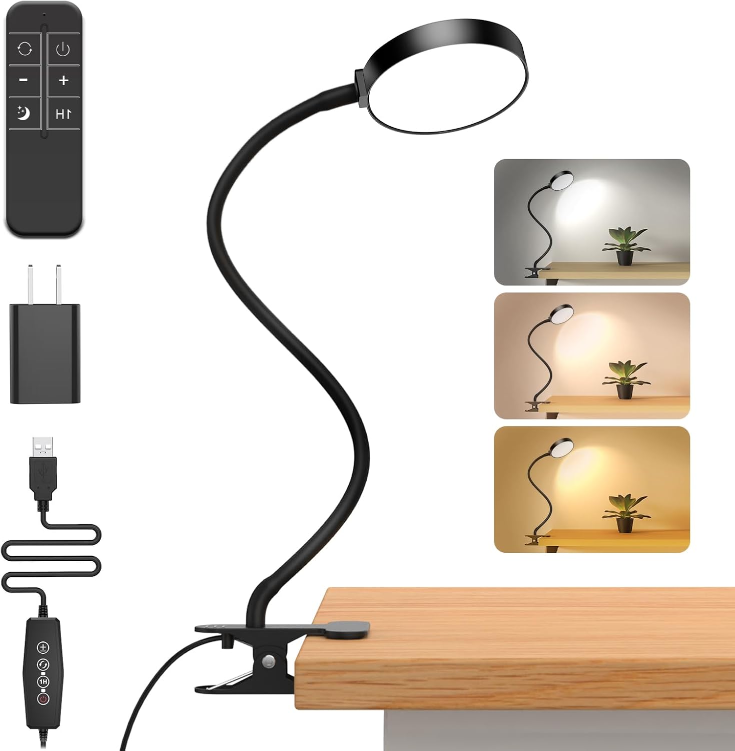 Reading Light with Remote, LED Desk Lamp Clip on [1H Timer & Nightlight] RA>95 Dimmable Flexible Gooseneck, Reading Lamp with Clamp for Table - 3.5'' (Adapter Included) - Grand Goldman