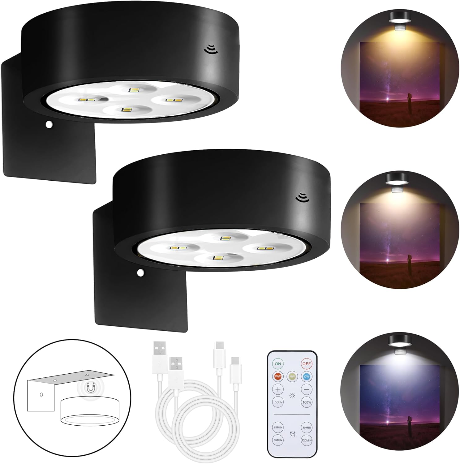 Rechargeable Battery Picture Light, Led Painting Light with Remote Control Dimmable and Timer, 3 Lighting Modes Magnetic Art Display Light for Paintings, Wireless Wall Decor Puck Light, Pack of 2 - Grand Goldman