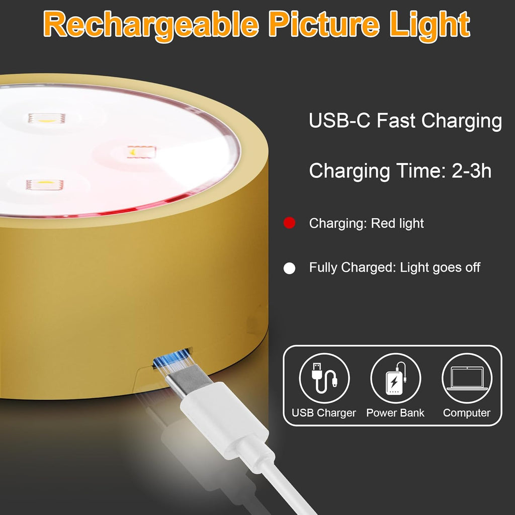 Rechargeable Battery Picture Light, Led Painting Light with Remote Control Dimmable and Timer, 3 Lighting Modes Magnetic Art Display Light for Paintings, Wireless Wall Decor Puck Light, Pack of 2 - Grand Goldman
